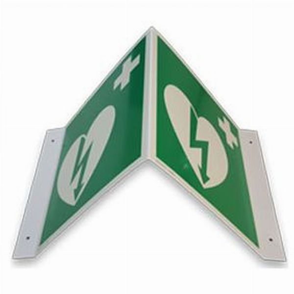 AED Hinweis-Dreieck Defi-Normzeichen grün/weiss<br>nachleuchtend<br>Aluminium<br>20 x 20 cm (je Fläche)