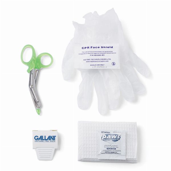 AED Notfall-Set Set-Inhalt:<br>Schere, Rasierer, Handschuhe,<br>Beatmungsfolie, Hygiene-Pads,<br>Trockentuch