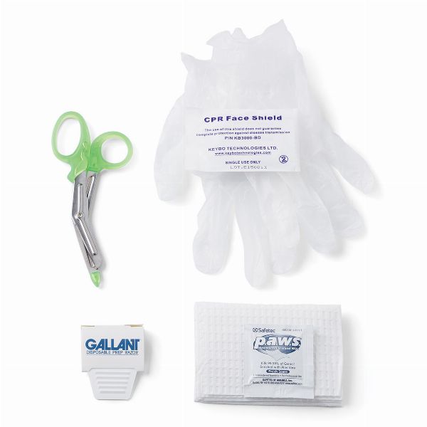 AED Notfall-Set Set-Inhalt:
<br>Schere, Rasierer, Handschuhe,
<br>Beatmungsfolie, Hygiene-Pads,
<br>Trockentuch